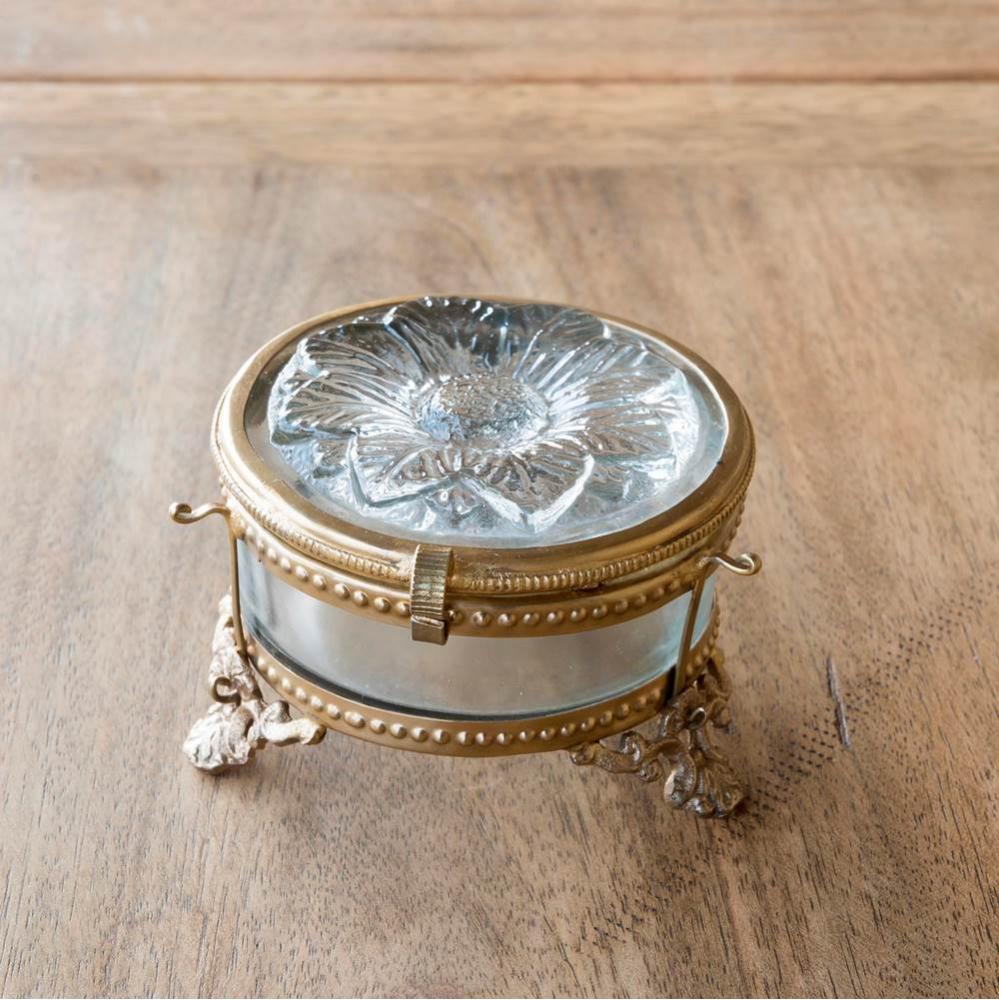 Embossed Glass Flower Box With Antique Brass Trim