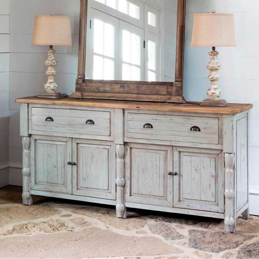 Painted French Buffet With Old Elm Top H 36'' X L 75'' X D 19''