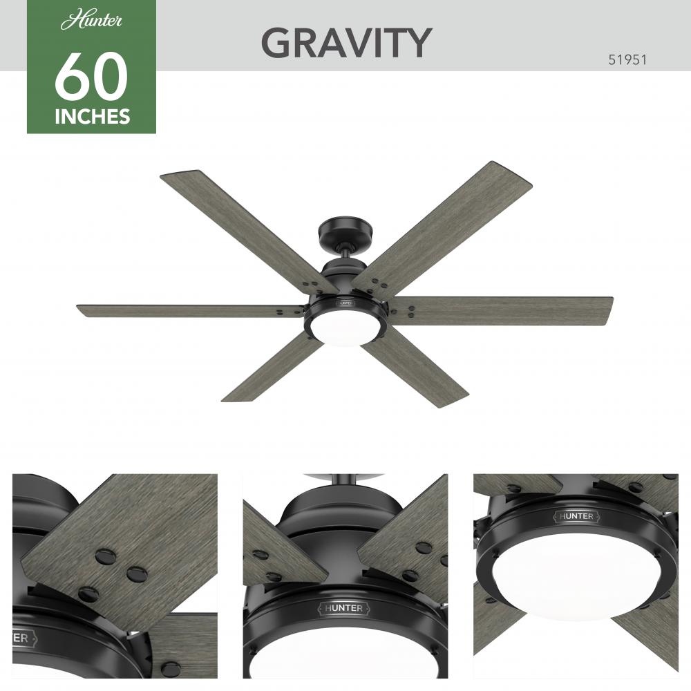 Hunter 60 inch Gravity Wi-Fi ENERGY STAR® Matte Black Ceiling Fan with LED Lt Kit